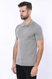 Polo Yaka Fermuarlı Örme Gri T-shirt  Wessi - 5