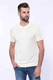 Polo Yaka Fermuarlı Krem Örme T-shirt  Wessi - 3