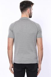 Polo Yaka Fermuarlı Örme Gri T-shirt  Wessi - 6