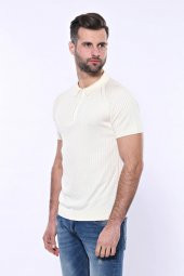 Polo Yaka Fermuarlı Krem Örme T-shirt  Wessi - 5
