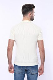 Polo Yaka Fermuarlı Krem Örme T-shirt  Wessi - 6
