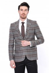 Ekose Desenli Slim Fit Kahverengi Erkek Ceket - 1