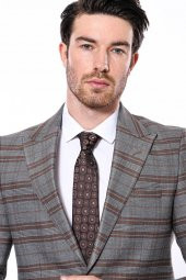Ekose Desenli Slim Fit Kahverengi Erkek Ceket - 2