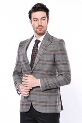 Ekose Desenli Slim Fit Kahverengi Erkek Ceket - 3