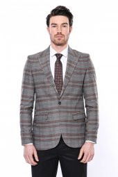 Ekose Desenli Slim Fit Kahverengi Erkek Ceket - 4