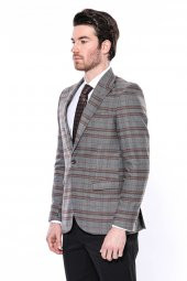 Ekose Desenli Slim Fit Kahverengi Erkek Ceket - 5
