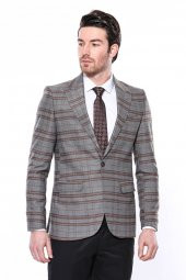 Ekose Desenli Slim Fit Kahverengi Erkek Ceket - 7