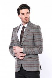 Ekose Desenli Slim Fit Kahverengi Erkek Ceket - 8