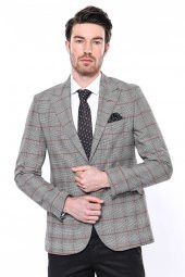 Ekose Tek Düğme Slim Fit Gri Erkek Ceket - 4