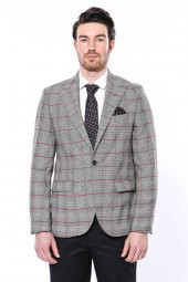 Ekose Tek Düğme Slim Fit Gri Erkek Ceket - 5