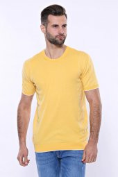 Bisiklet Yaka Kenarları Desenli Hardal Örme T-shirt  Wessi - 5