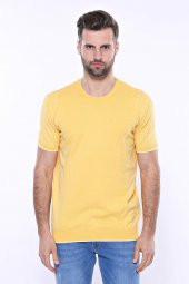 Bisiklet Yaka Kenarları Desenli Hardal Örme T-shirt  Wessi - 6
