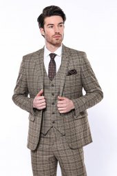 Ekose Slim Fit Kahverengi Erkek Ceket - 3