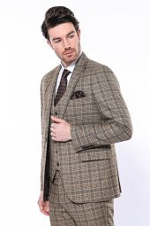 Ekose Slim Fit Kahverengi Erkek Ceket - 5