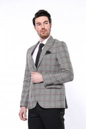 Ekose Tek Düğme Slim Fit Gri Erkek Ceket - 1
