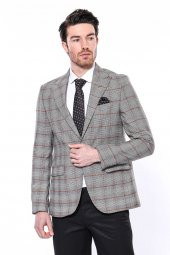 Ekose Tek Düğme Slim Fit Gri Erkek Ceket - 3