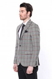 Ekose Tek Düğme Slim Fit Gri Erkek Ceket - 6