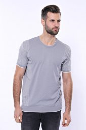 Bisiklet Yaka Kenarları Desenli Gri Örme T-shirt  Wessi - 3