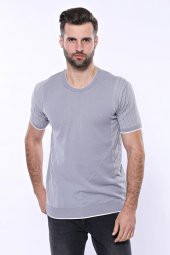 Bisiklet Yaka Kenarları Desenli Gri Örme T-shirt  Wessi - 5