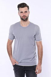 Bisiklet Yaka Kenarları Desenli Gri Örme T-shirt  Wessi - 6