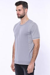 Bisiklet Yaka Kenarları Desenli Gri Örme T-shirt  Wessi - 7