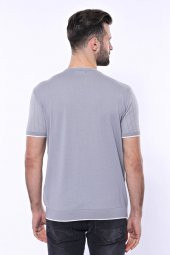Bisiklet Yaka Kenarları Desenli Gri Örme T-shirt  Wessi - 8