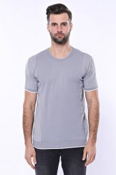 Bisiklet Yaka Kenarları Desenli Gri Örme T-shirt  Wessi - 1