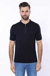 Polo Yaka Lacivert Düz Örme T-shirt  Wessi - 5