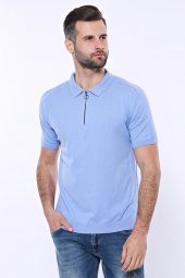 Polo Yaka Mavi Düz Örme T-shirt  Wessi - 1