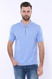 Polo Yaka Mavi Düz Örme T-shirt  Wessi - 6