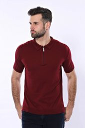 Polo Yaka Düz Bordo Örme T-shirt  Wessi - 1