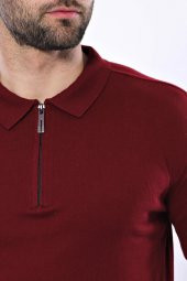 Polo Yaka Düz Bordo Örme T-shirt  Wessi - 2