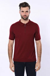 Polo Yaka Düz Bordo Örme T-shirt  Wessi - 4