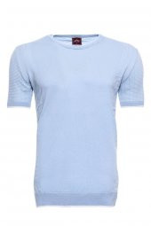 Mavi Bisiklet Yaka Kenarları Desenli Örme T-shirt - 1