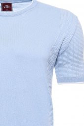 Mavi Bisiklet Yaka Kenarları Desenli Örme T-shirt - 2
