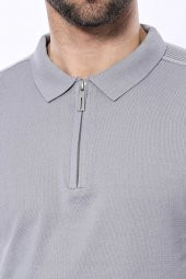 Polo Yaka Düz Gri Örme T-shirt  Wessi - 2