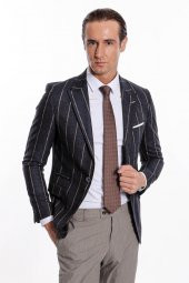 Çizgili Slim Fit Füme Erkek Ceket - 1
