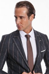 Çizgili Slim Fit Füme Erkek Ceket - 2