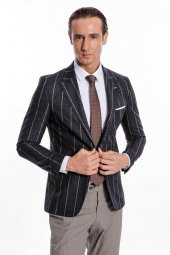 Çizgili Slim Fit Füme Erkek Ceket - 3
