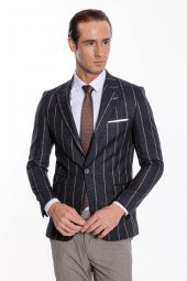 Çizgili Slim Fit Füme Erkek Ceket - 4