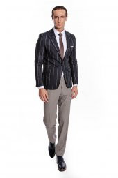 Çizgili Slim Fit Füme Erkek Ceket - 5