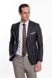 Çizgili Slim Fit Füme Erkek Ceket - 6