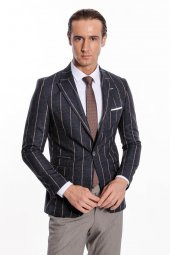 Çizgili Slim Fit Füme Erkek Ceket - 7