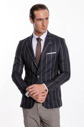 Çizgili Slim Fit Füme Erkek Ceket - 8