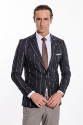 Çizgili Slim Fit Füme Erkek Ceket - 9