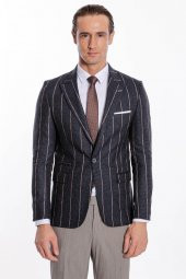 Çizgili Slim Fit Füme Erkek Ceket - 10
