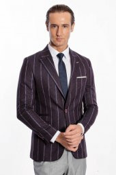 Çizgili Slim Fit Bordo Erkek Ceket - 1