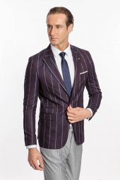 Çizgili Slim Fit Bordo Erkek Ceket - 3