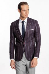Çizgili Slim Fit Bordo Erkek Ceket - 6