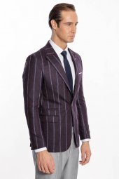 Çizgili Slim Fit Bordo Erkek Ceket - 8